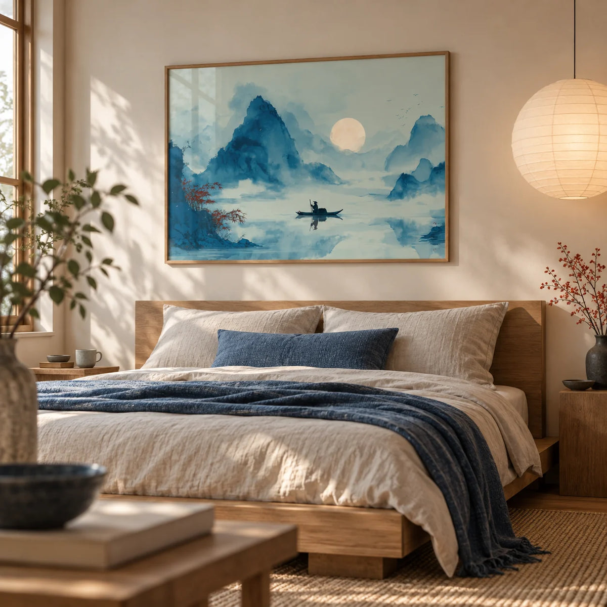 Zen Wall Art Print, framed on the wall of a Japandi bedroom