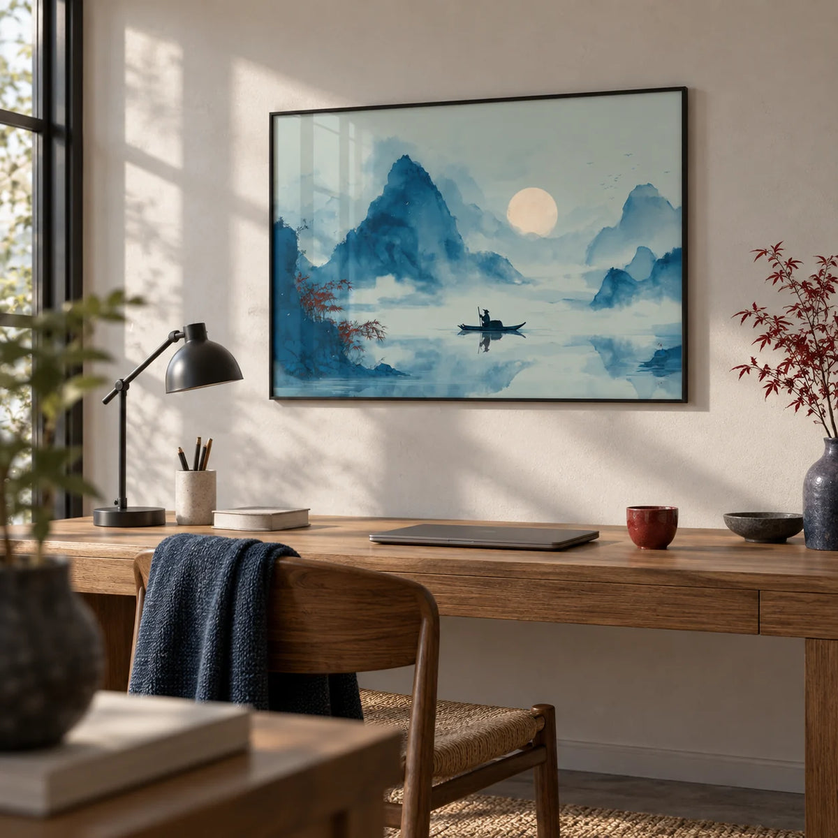 Zen Wall Art Print, framed on the wall of a minimal home office