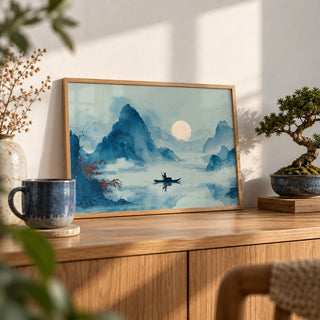 Zen Wall Art Print, a small A4 framed print leaning on an oak sideboard in a living room