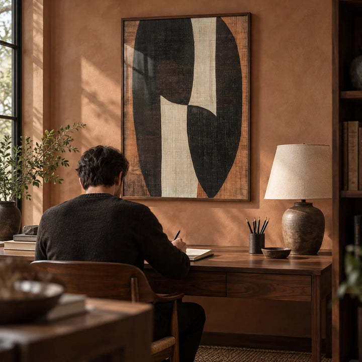 Zen Wall Art, framed on the wall of a quiet study with a warm clay plaster wall