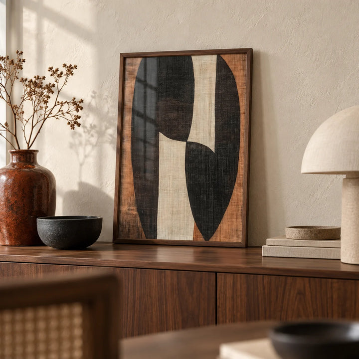 Zen Wall Art, a small A4 framed print leaning on a walnut sideboard in a living room