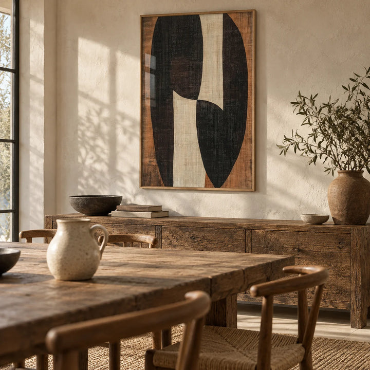 Zen Wall Art, framed on the wall of a warm wabi-sabi dining room with a cream plaster wall