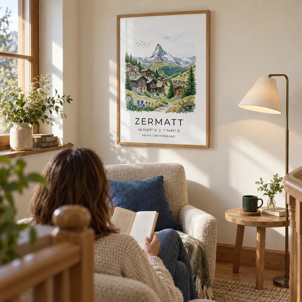Zermatt Switzerland Art Print, framed on the wall of a quiet reading nook on a cottage landing with pale cream walls and an oak floor in a living room