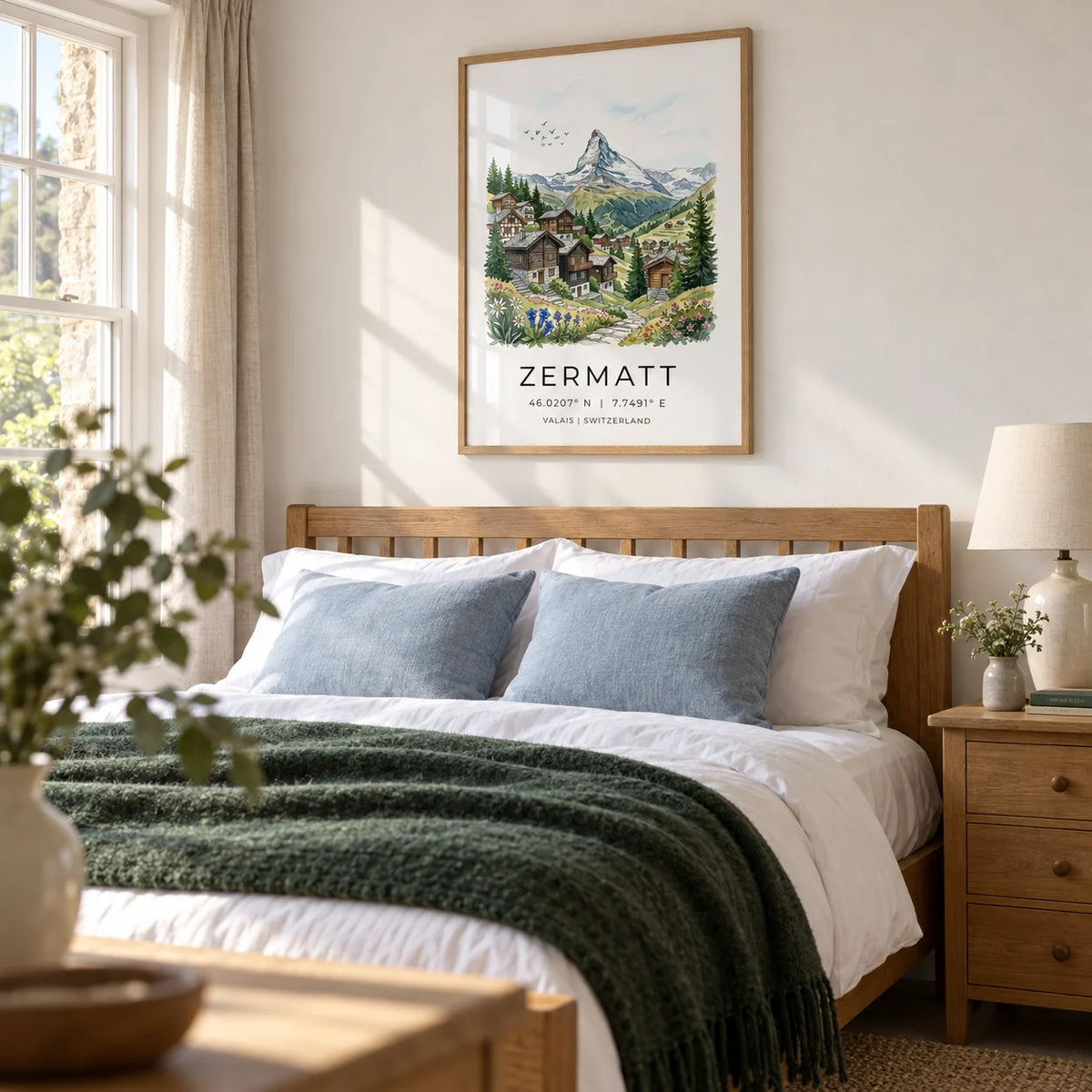 Zermatt Switzerland Art Print, framed on the wall of a restful bedroom in a UK country home with a chalk white wall and simple oak furniture