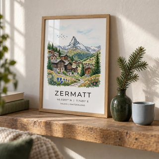 Zermatt Switzerland Art Print, a small A4 framed print leaning on a chunky oak shelf in a living room