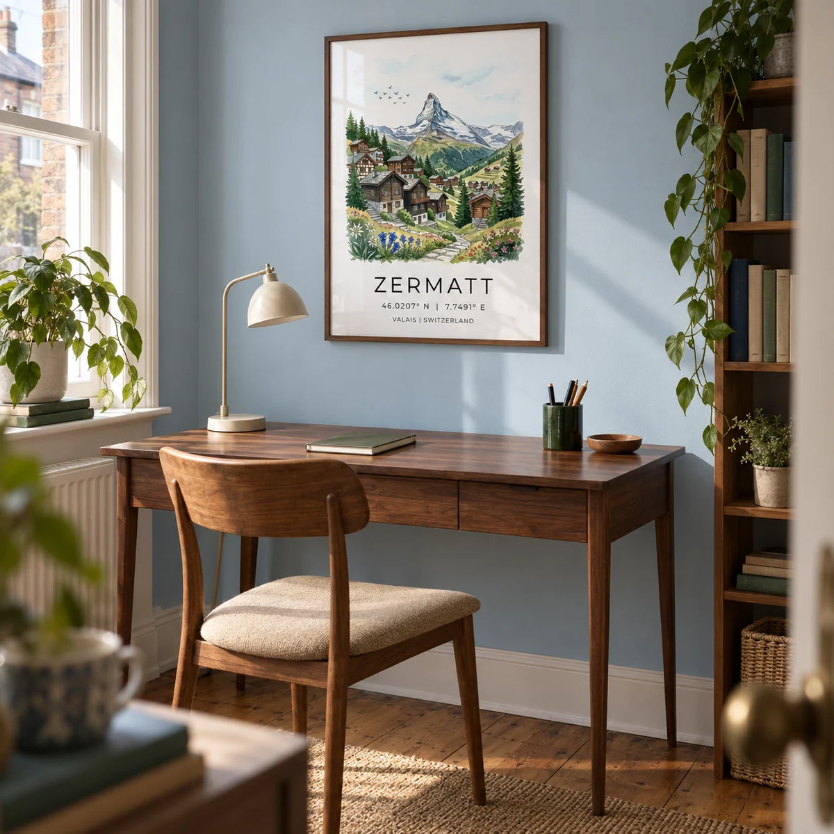 Zermatt Switzerland Art Print, framed on the wall of a small home study in a UK terrace with a pale blue painted wall and warm timber floorboards