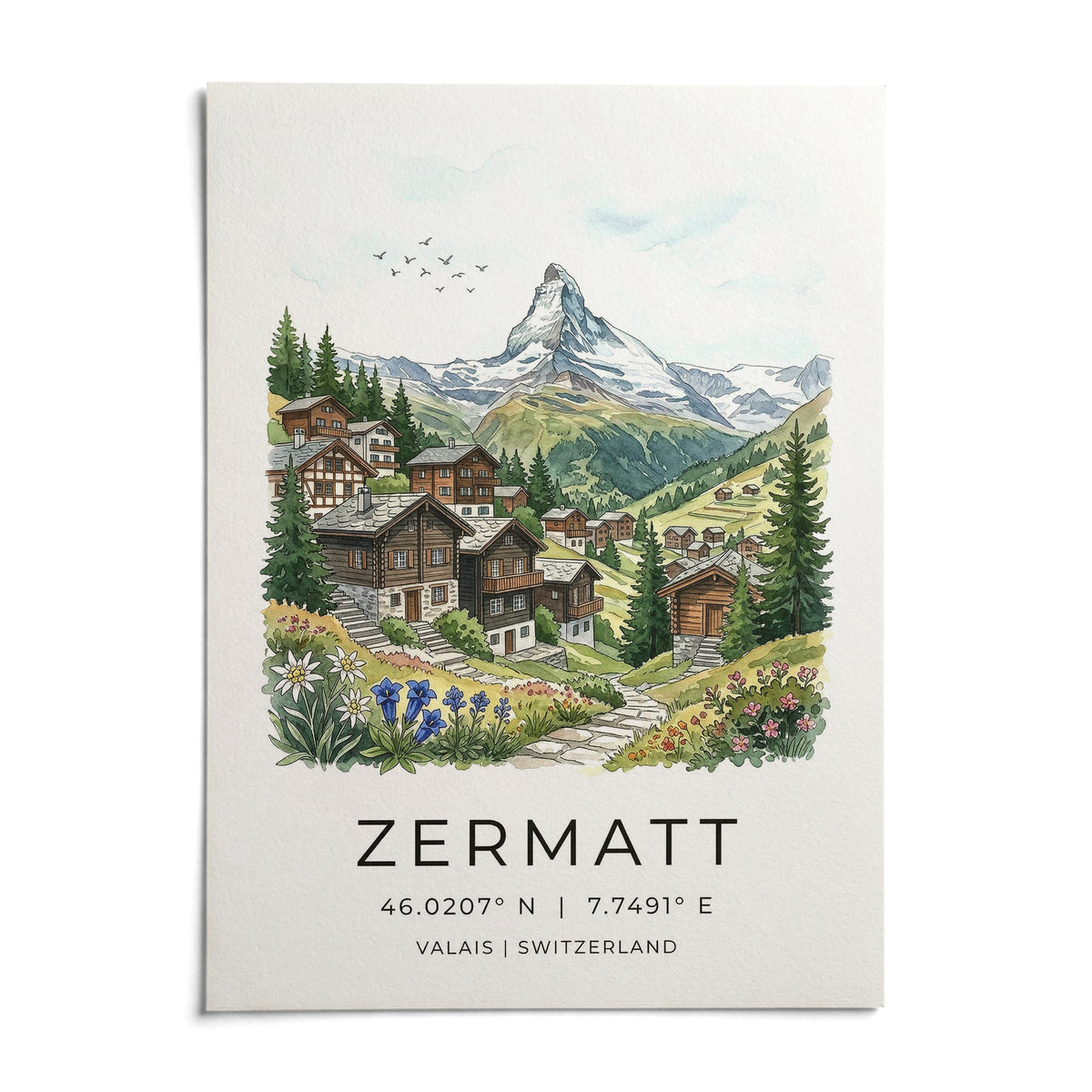 Zermatt Switzerland Art Print, shown as an unframed paper print on a plain white background