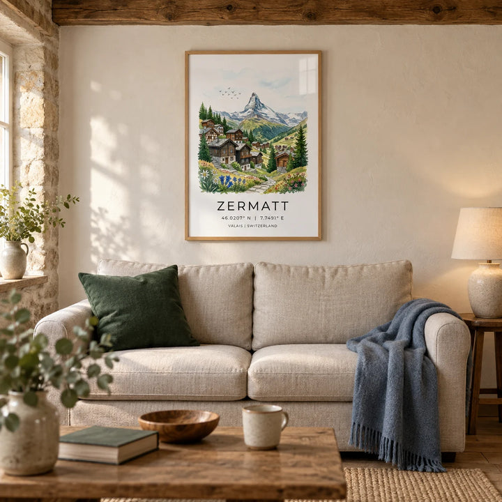 Zermatt Switzerland Art Print, framed on the wall of a warm living room in a UK stone cottage with an off-white plaster wall