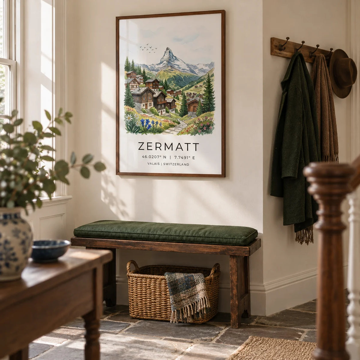 Zermatt Switzerland Art Print, framed on the wall of a welcoming hallway in a Victorian terrace with warm white walls and a flagstone floor