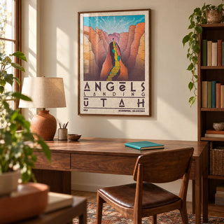 Zion National Park Art, framed on the wall of a characterful home study for a travel-loving adult with a warm cream wall and walnut furniture