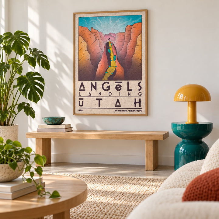 Zion National Park Art shown in a minimalist living room with an oak bench (frame not included)