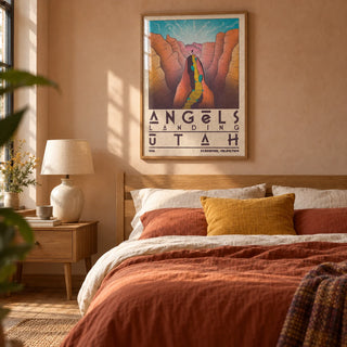 Zion National Park Art, framed on the wall of a restful adult bedroom in a UK home with a muted peach plaster wall and oak floorboards