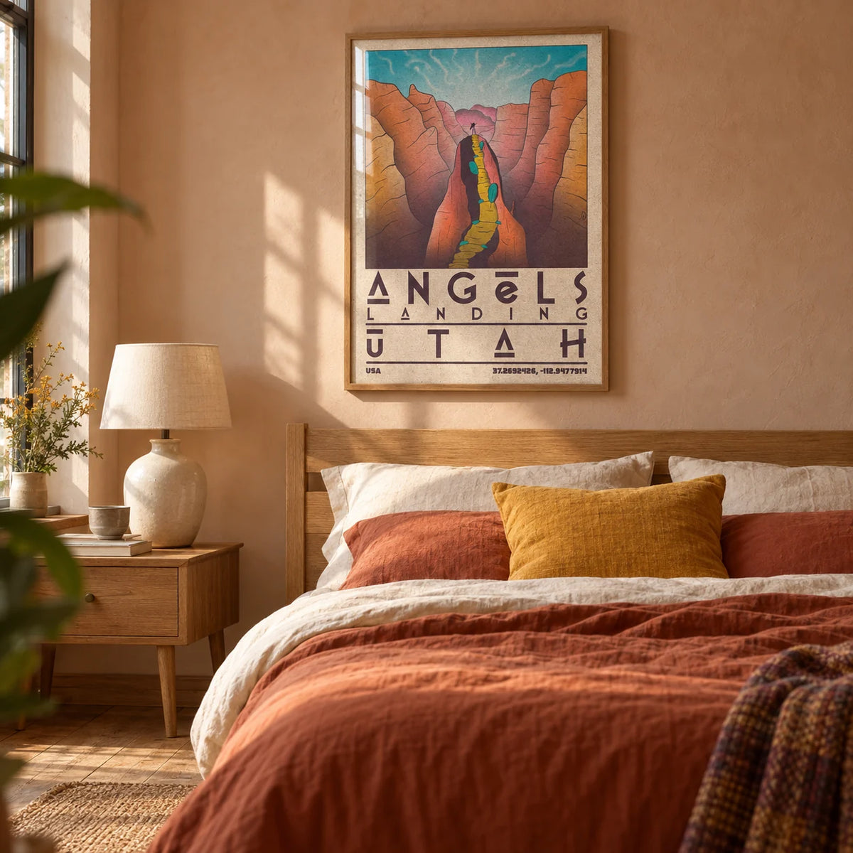 Zion National Park Art, framed on the wall of a restful adult bedroom in a UK home with a muted peach plaster wall and oak floorboards