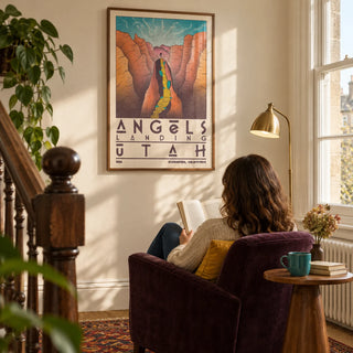 Zion National Park Art, framed on the wall of a warm reading corner on a spacious landing in a UK period house with a cream wall and a tall sash window in a living room