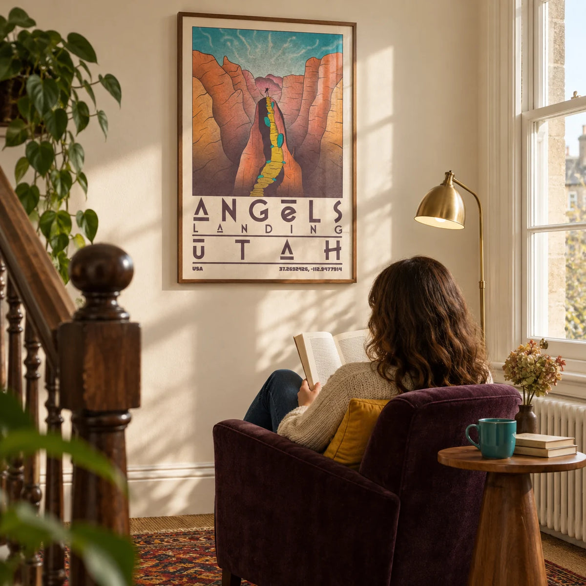 Zion National Park Art, framed on the wall of a warm reading corner on a spacious landing in a UK period house with a cream wall and a tall sash window in a living room