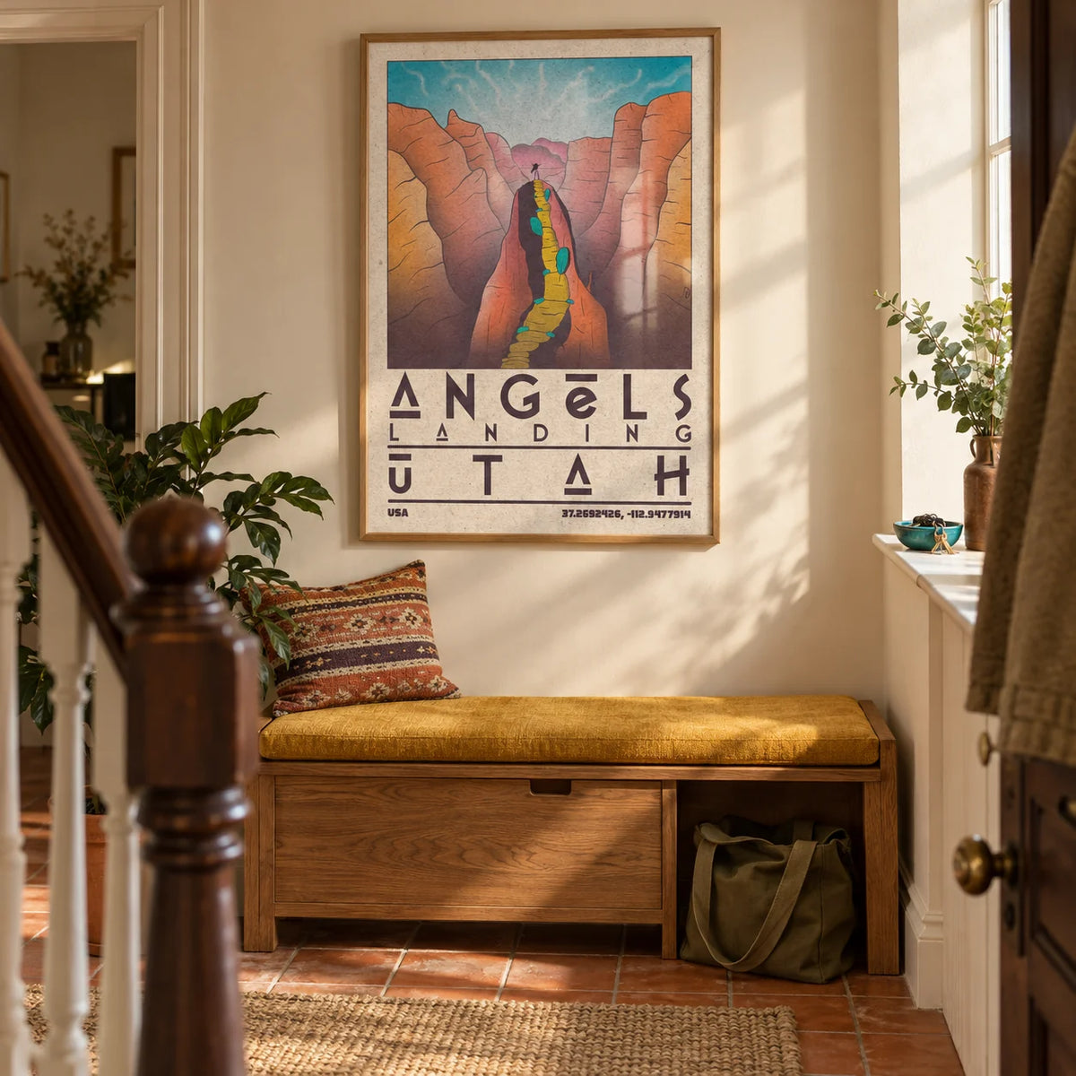 Zion National Park Art, framed on the wall of a welcoming hallway in a Victorian UK terrace with warm ivory walls and terracotta floor tiles