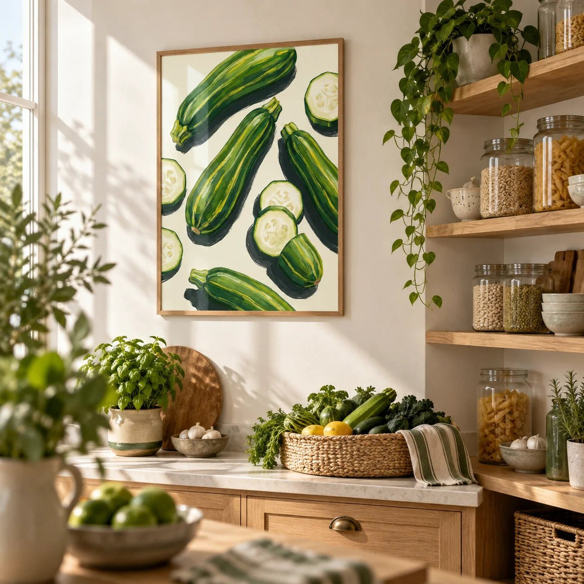 Zucchini Wall Art, framed on the wall of a bright pantry corner in a kitchen