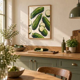 Zucchini Wall Art, framed on the wall of a warm country-modern kitchen with solid sage green cabinets