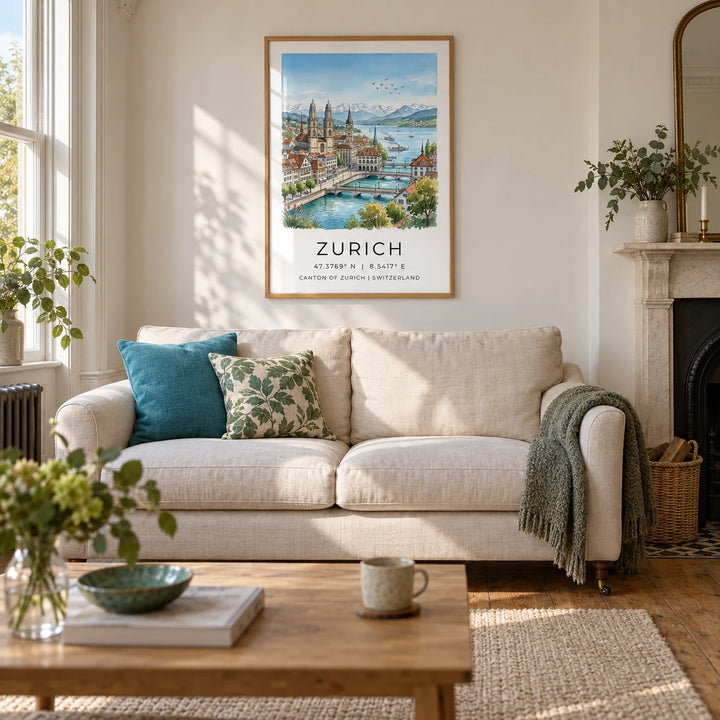 Zurich City Art Print, framed on the wall of a relaxed living room in a UK Victorian terrace with warm white walls