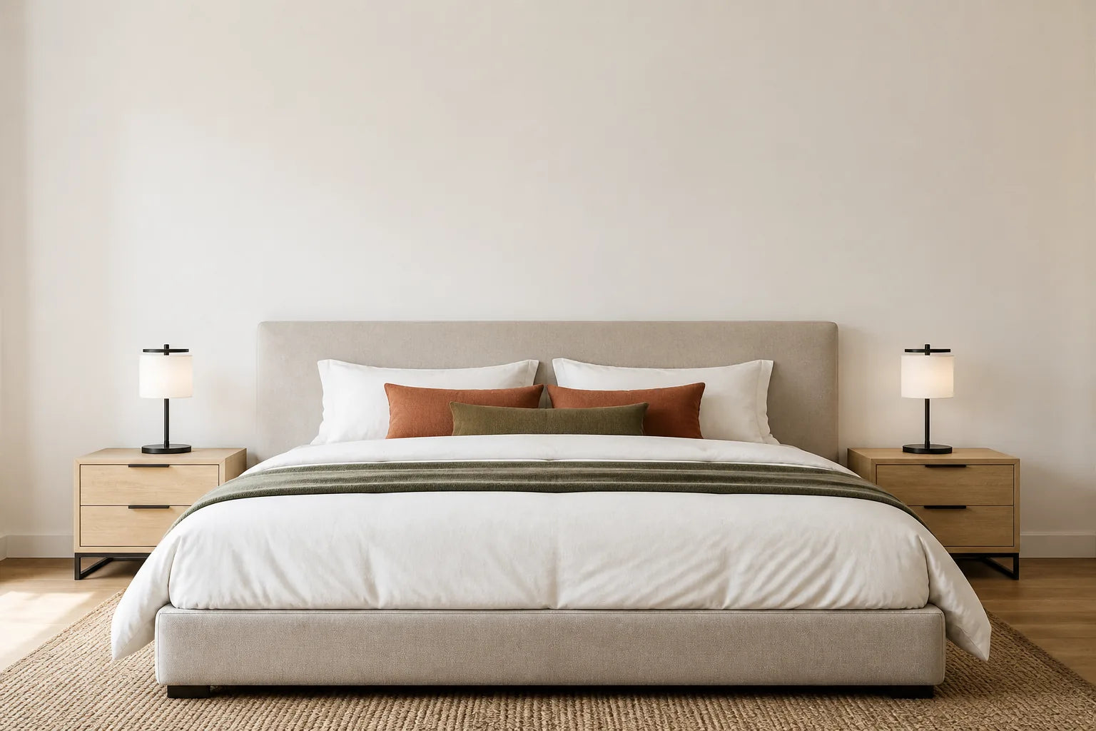 Bedroom with blank wall above a bed for wall art sizing