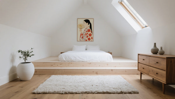 Ambiance artistique dans la chambre à coucher avec une décoration murale Japandi représentant une femme et un éventail, encadrée dans du bois au-dessus du lit.
