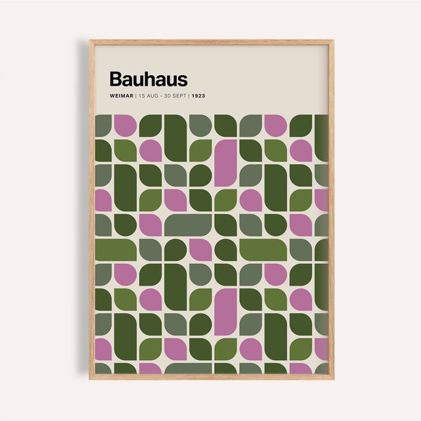 Impression vert olive et rose de l'exposition Bauhaus 1923 pour décorer les murs d'un salon moderne