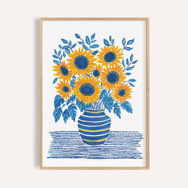 Impression tournesol avec des pétales jaunes vifs et des centres bleus pour décorer les murs de votre cuisine