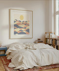 Pastel wall art blending muted corals, earthy yellows, and deep blues