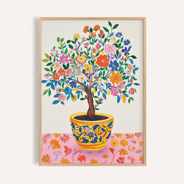 Tableau mural coloré « Arbre de vie » avec fleurs roses et orange pour le salon