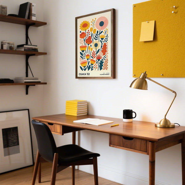 Impression murale rétro Fleurs avec grande marguerite et feuillage audacieux