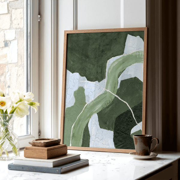 Impression artistique abstraite verte mettant en vedette des textures vertes, bleues et blanches pour rehausser votre bureau.