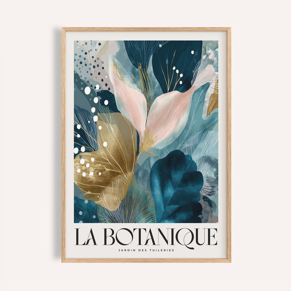 Décoration murale élégante bleu sarcelle et rose pâle pour salon, avec détails floraux dorés