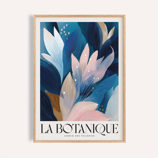 Impression artistique abstraite sur le thème botanique dans des tons rose pâle et bleu marine pour le salon