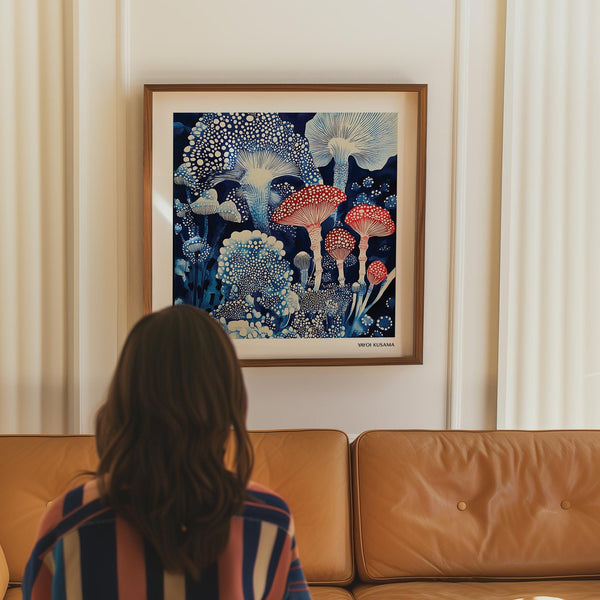 Affiche japonaise représentant des chapeaux de champignons à pois et des textures dans le style Kusama.