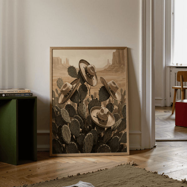 Impressions artistiques du sud-ouest avec des cactus verts épineux, un décor beige, des décorations murales pour couloir