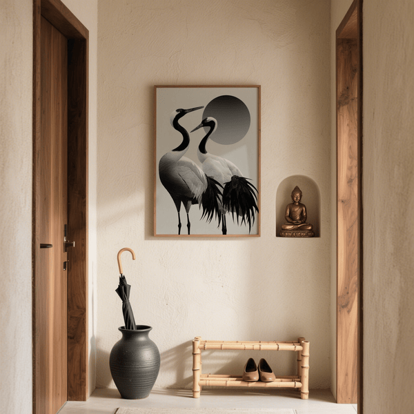 Impression polyvalente en noir et blanc représentant une grue, pour décorer les murs de votre entrée dans des tons noir et blanc.