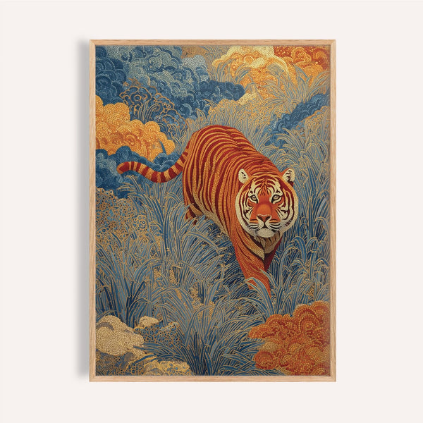 Œuvre d'art encadrée représentant un tigre dans un décor naturel, dans des tons bleus et orange.