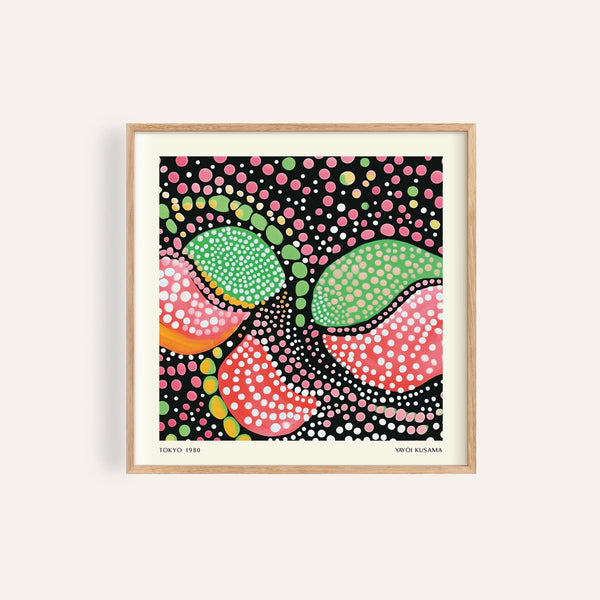 art vert et rose représentant des formes abstraites de fruits