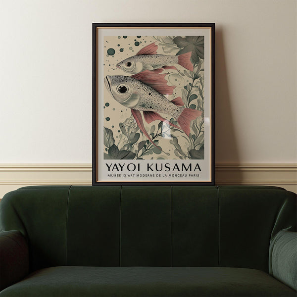 Deux truites dans un style « Large Fish Wall Art » avec un fond crème et des nageoires rouges.