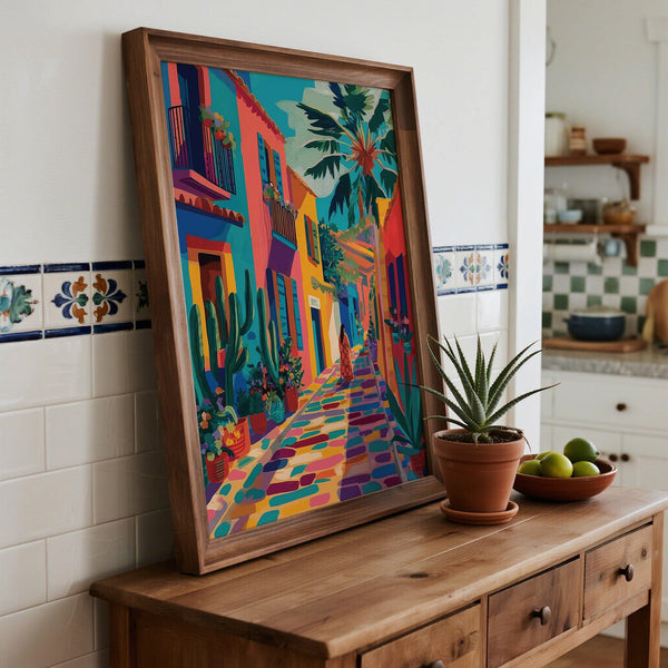 Architecture et plantes aux couleurs vives dans ce motif inspiré du street art mexicain.