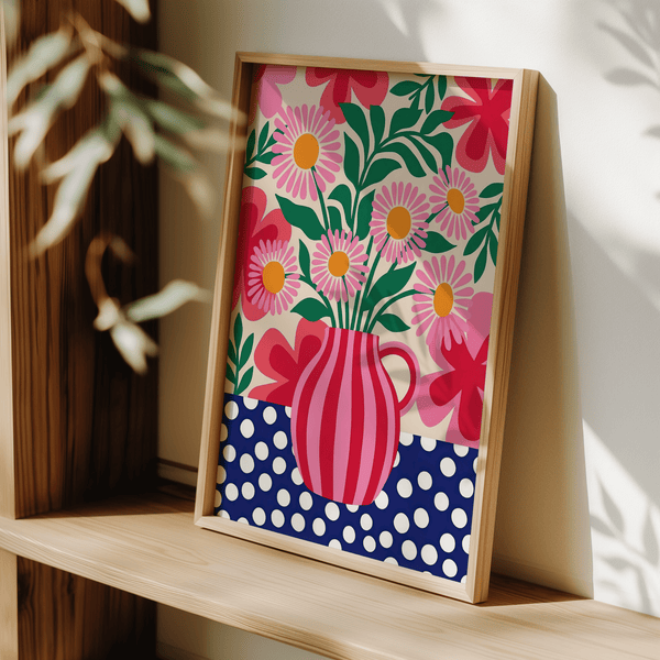 Impression artistique fantaisiste et colorée représentant des fleurs, idéale pour décorer une chambre d'enfant, dans les tons verts et bleus.