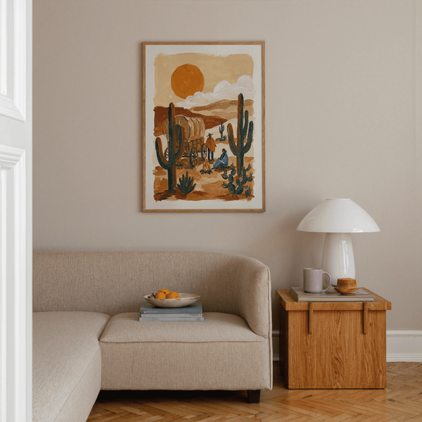 Impression artistique Desert Wagon en orange, vert et marron pour décorer les murs de votre couloir