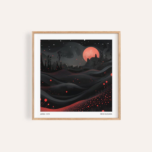 Art mural représentant une lune rouge surréaliste au-dessus d'un terrain noir parsemé de points