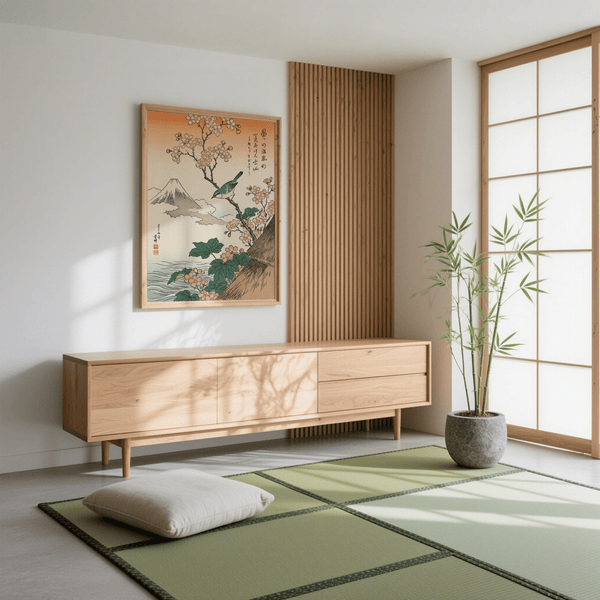 Art japonais représentant des fleurs de cerisier avec le mont Fuji et des fleurs de cerisier, une décoration murale parfaite pour un salon