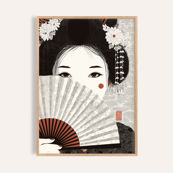 Impression artistique japonaise représentant une geisha, en noir, blanc et rouge, pour décorer les murs de votre salon.