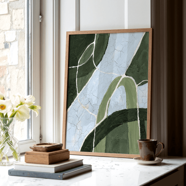 Art mural vert et bleu dans des tons apaisants de vert et de bleu pour la chambre à coucher