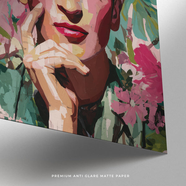 Portrait féminin de Frida Kahlo à vendre, avec des roses profonds et des couches de peinture superposées.