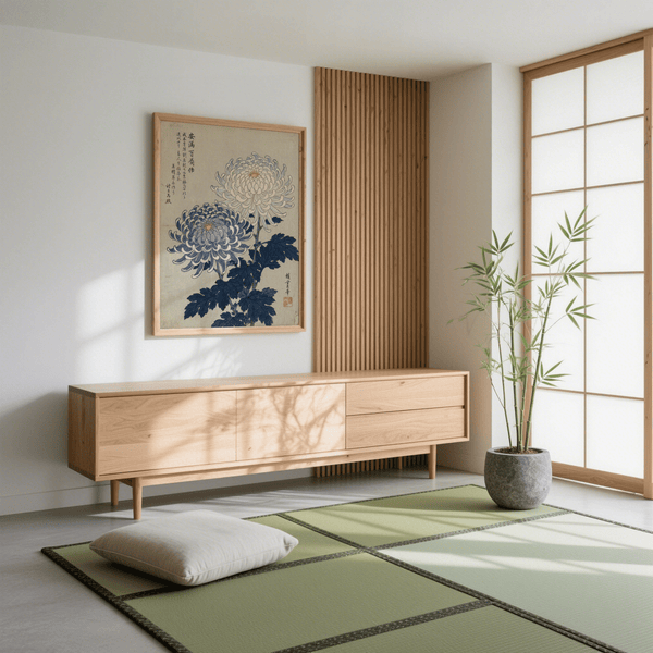 Impression artistique Chrysanthème avec feuilles bleues et fleurs blanches pour décorer les murs de votre salle à manger