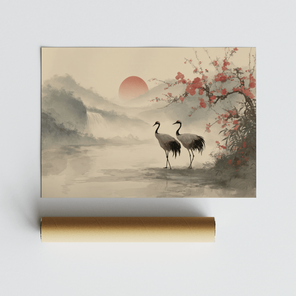 Affiche d'art japonais représentant des grues dans un paysage brumeux, décoration murale pour les intérieurs modernes