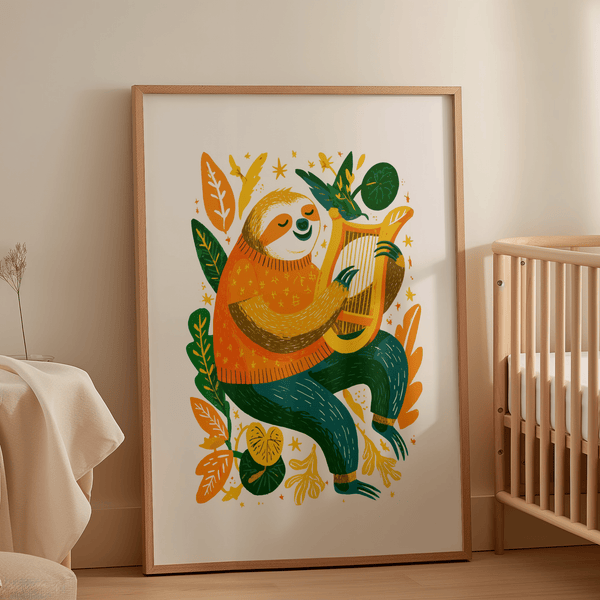Impression artistique Sloth tons orange et vert pour une impression artistique ludique dans une chambre d'enfant